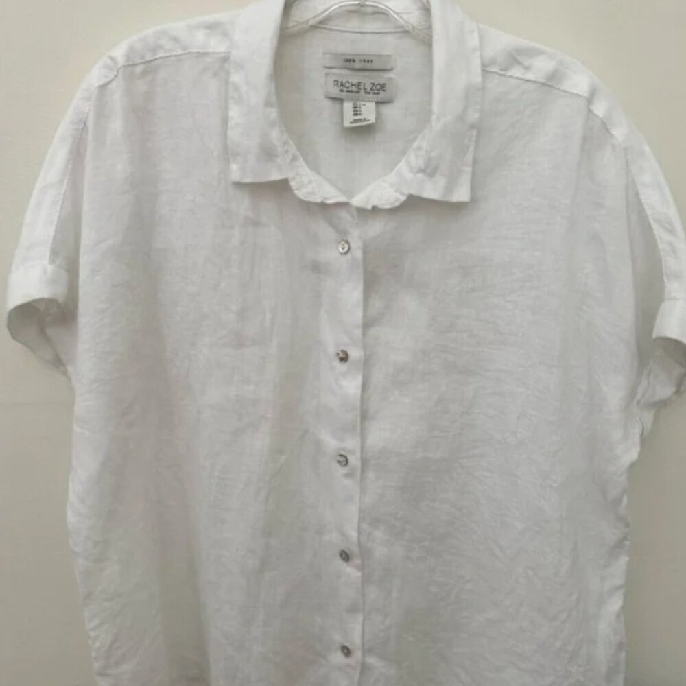 Rachel Zoe White Short-Sleeve Linen Button-Down Shirt
